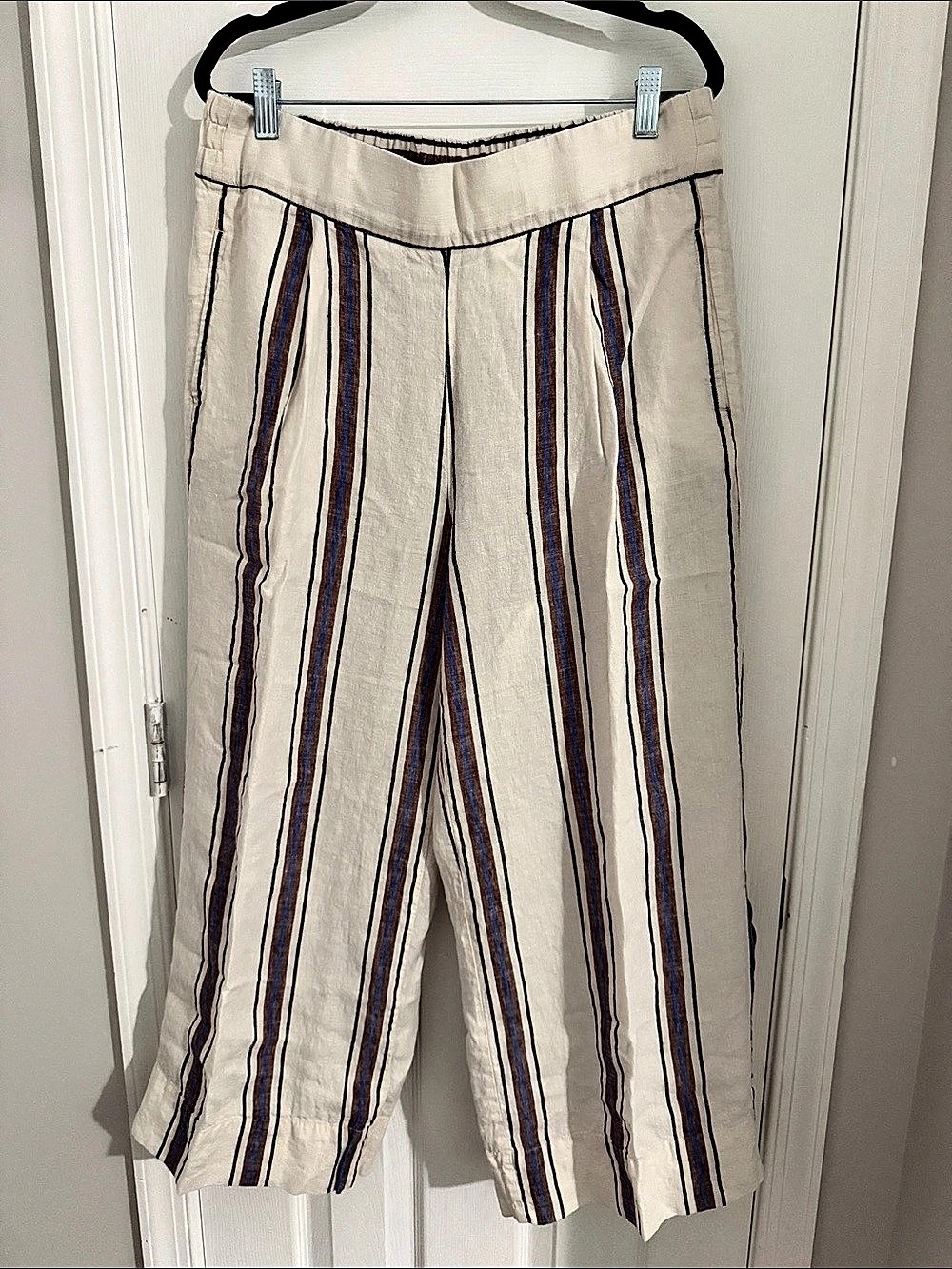 LOFT Striped Wide Leg Pants Cream & Blue Size Large